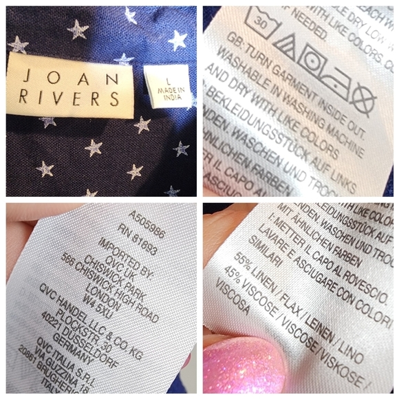 Joan Rivers Linen Star Print Blue White Short Sleee Button Shirt Women's Size L - Picture 3 of 16